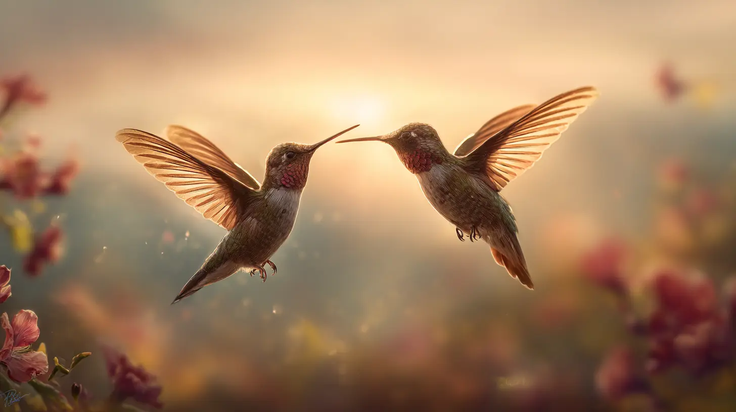 Zwei Kolibris, die eng beinandander fliegen. Flug des Kolibri 2