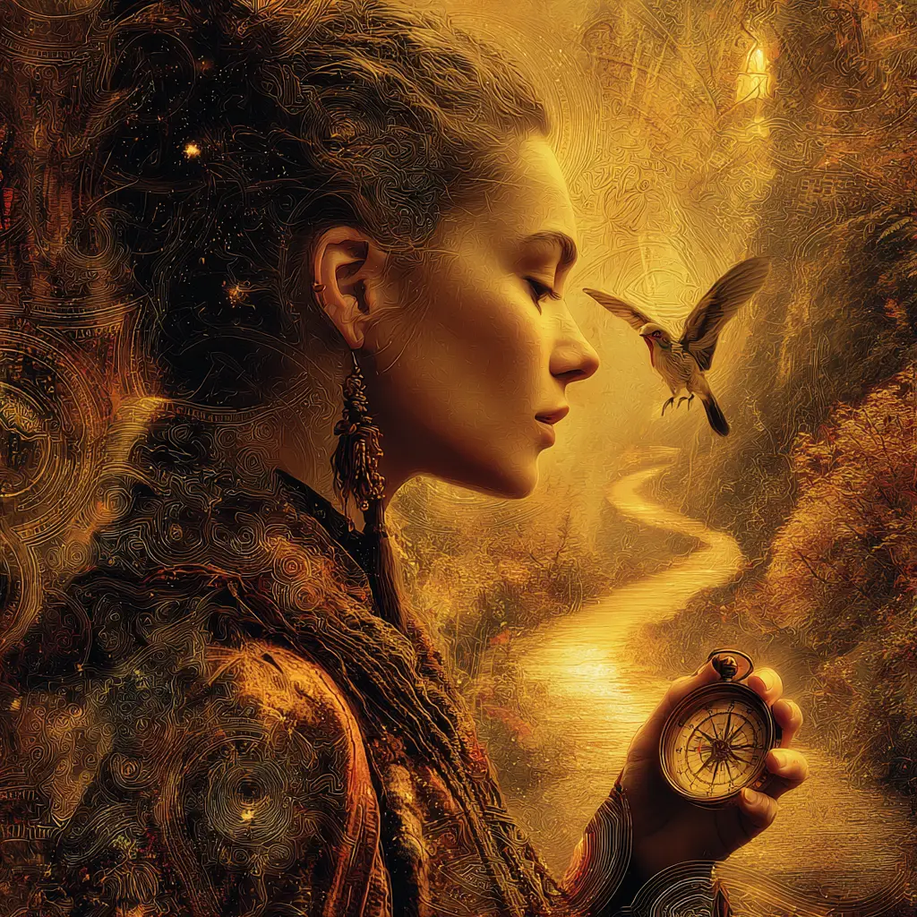 Eine Frau, die sich vom Kolibri in die Freiheit begleitetn lässt