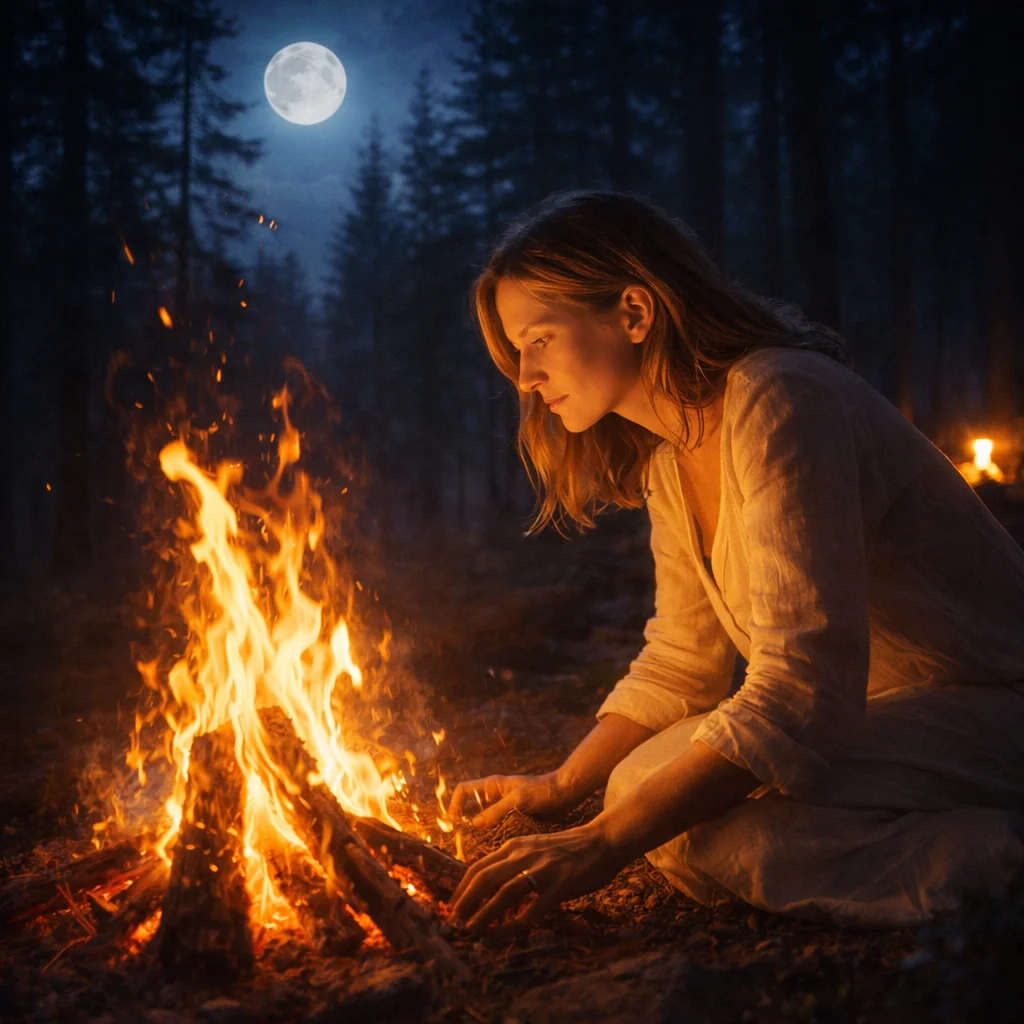Arbeit mit dem Feuer Eine Schamanin, die mit dem Feuer arbeitet. schamanische Ausbildung mit Ralph Riedel