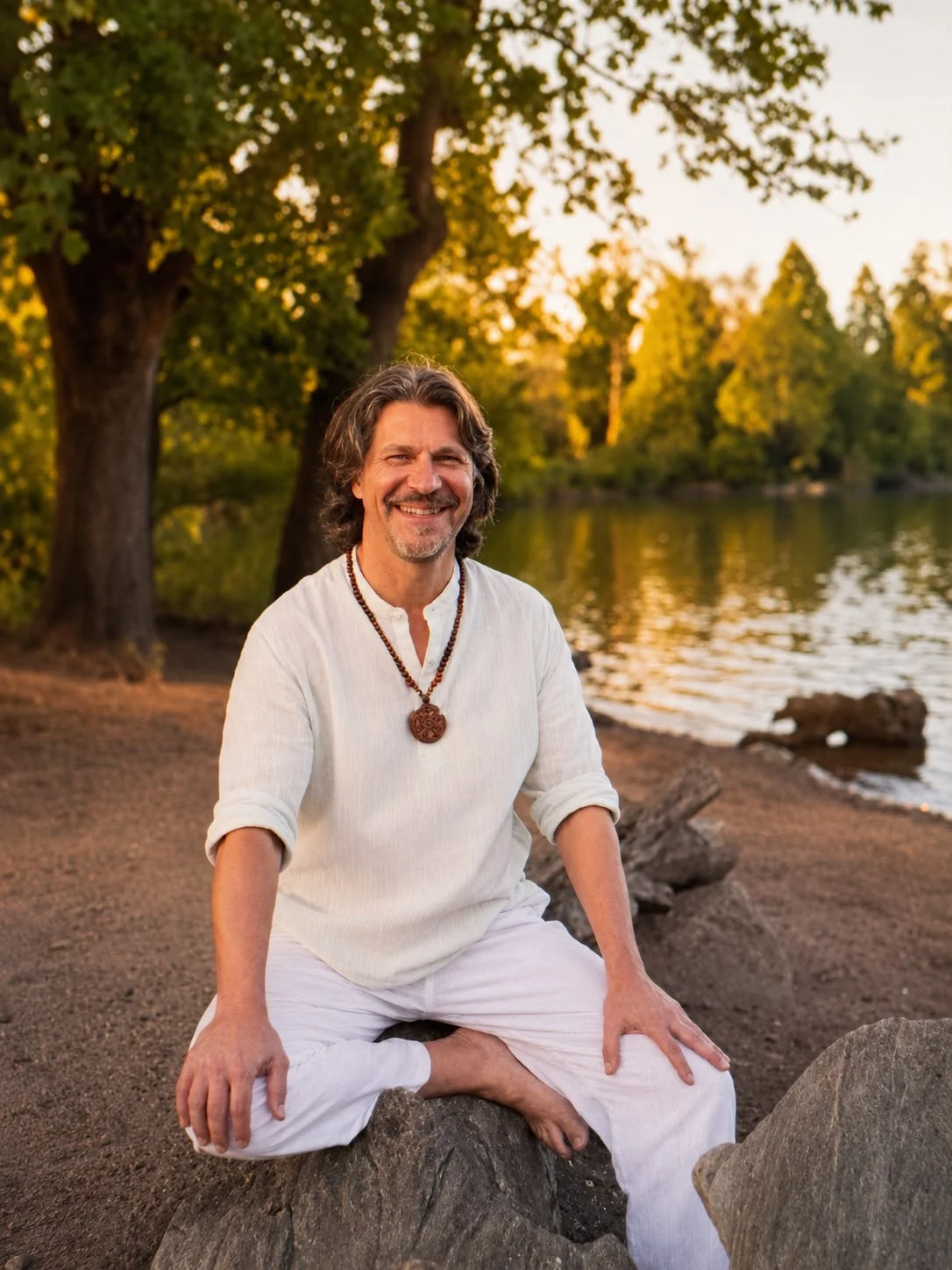 Ralph Riedel, Schamane und spiritueller Lehrer, sitzt fröhlich am See.